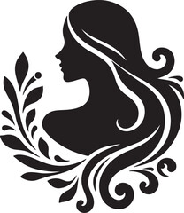 Elegant Silhouette of a Woman with Flowing Hair and Floral Elements

A minimalist black silhouette of a graceful woman in side profile, featuring long flowing wavy hair intertwined with delicate flora