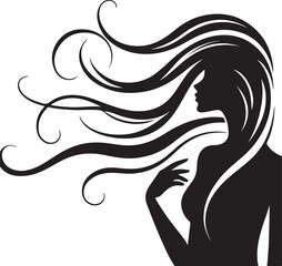 Elegant Silhouette of a Woman with Flowing Hair and Floral Elements

A minimalist black silhouette of a graceful woman in side profile, featuring long flowing wavy hair intertwined with delicate flora