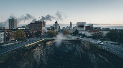 Cityscape view showcasing a large, dramatic sinkhole.