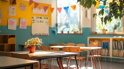 Inviting classroom scene with natural light and cheerful decor elements