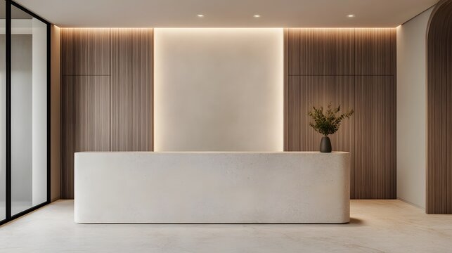 Sleek modern reception platform with arc lighting and neutral tones