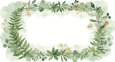 Fototapeta premium Botanical Frame: Watercolor leaves and ferns elegantly frame a blank space, offering a natural and serene aesthetic for invitations or text.