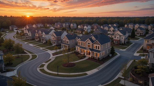 Aerial view of new construction cul-de-sac dead-end street with luxury houses in a Maryland upper middle class neighborhood American real estate development in the USA with stunning sunset orange sky
