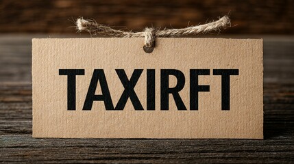 Close-up view of a kraft paper tag with the word TAXIRFT.