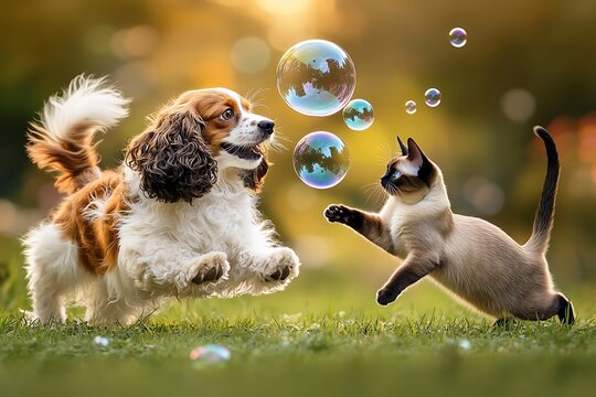 Playful dogs and cats chasing bubbles in a sunny garden animal photography outdoor fun whimsical setting