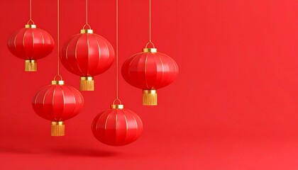 Red Chinese Lanterns Hanging Against a Red Background: Festive Celebration
