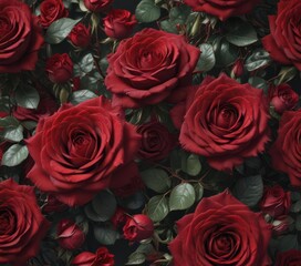 Obraz premium Stunning close-up of velvety crimson roses, intricate details, floral wall , flower, backdrop, high-resolution