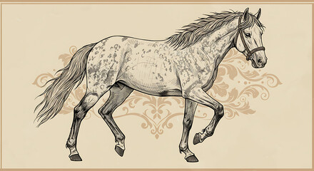  Textured Horse Drawing with Ornamental Frame &ndash; Retro Animal Art