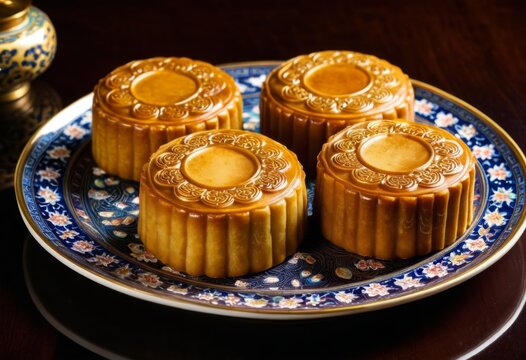 There are four desserts on a plate on the table