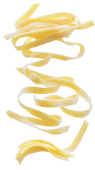 Close-up of fresh sliced yellow cheese ribbons arranged vertically on a white background showcasing texture and delicate appearance