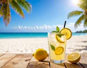 Custom AI Model 화창한 날씨의 바닷가, 원목테이에 올려져 있는 시원한 레몬에이드 A refreshing lemonade on a wooden table at the beach on a sunny day 