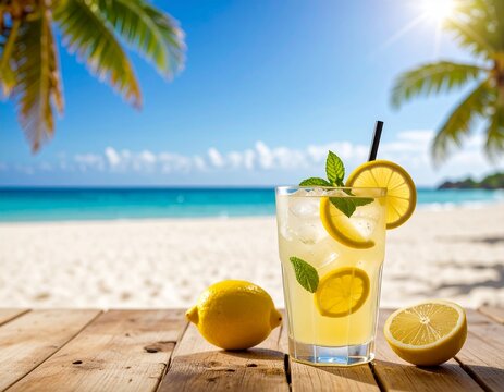 화창한 날씨의 바닷가, 원목테이에 올려져 있는 시원한 레몬에이드 A refreshing lemonade on a wooden table at the beach on a sunny day