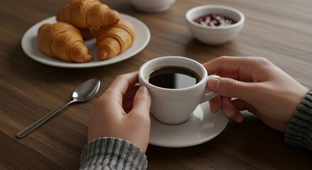 Cozy morning with black coffee and fresh croissants breakfast.
