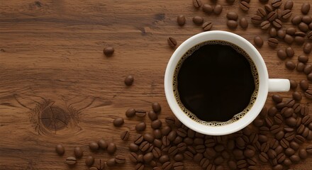 Fresh black coffee cup surrounded by scattered roasted coffee beans.