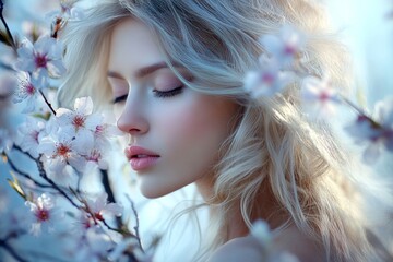 Fototapeta premium Gorgeous caucasian young woman surrounded by cherry blossoms. Commercial digital ads creative. Spring mood, morning rays and fog. Lively woman in cherry blossoms for promotional photos.