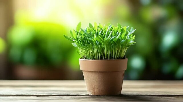 Freshly sprouted herbs in terracotta pot