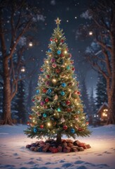 Obraz premium Sparkling Christmas tree, colorful ornaments, twinkling lights, winter wonderland , joyful, glow, red