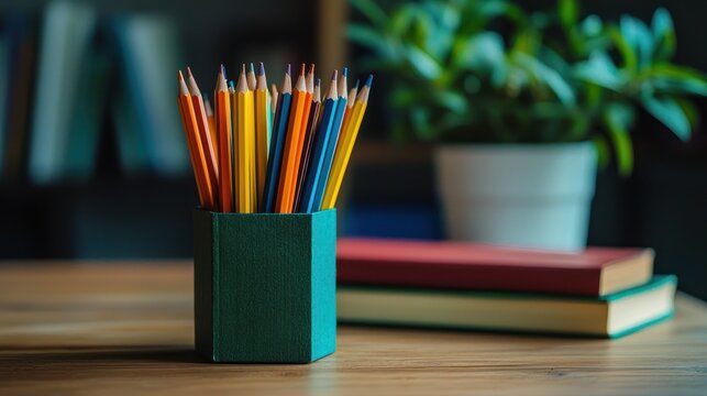 A green and red pencil holder with a variety of colored pencils inside, placed on a wooden table with a stack of books and a potted plant in the background.
