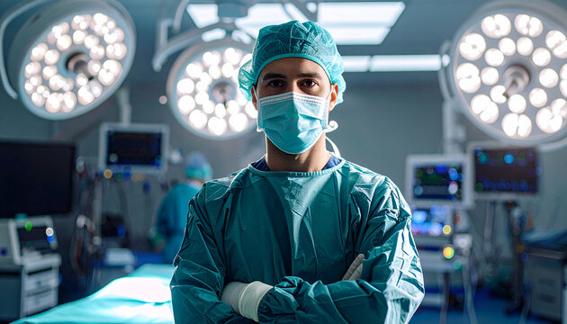 Surgeon in operating room wearing surgical mask and scrubs looking at the camera.
