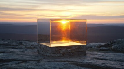 Glass cube reflecting sunset on mountaintop