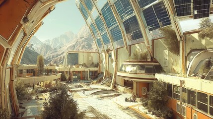 Futuristic Abandoned Structure with Mountain View