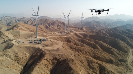 Aerial View of Wind Turbines in a Mountainous Desert Landscape with Drone