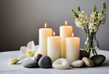 Candles and flowers on the table with rocks and flowers on top