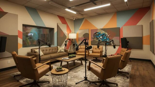 Modern podcast studio with creative colors and comfortable seating.
