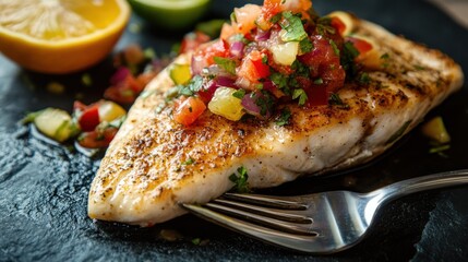 A delicate fish fillet topped with a zesty citrus salsa, served on a dark stone plate, with a fork cutting through the tender meat, emphasizing its freshness.