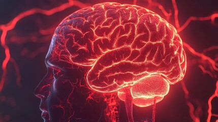A detailed 3D medical illustration of the human brain with glowing red arteries, highlighting blood flow and oxygen supply. The transparent skull effect enhances the anatomical accuracy.