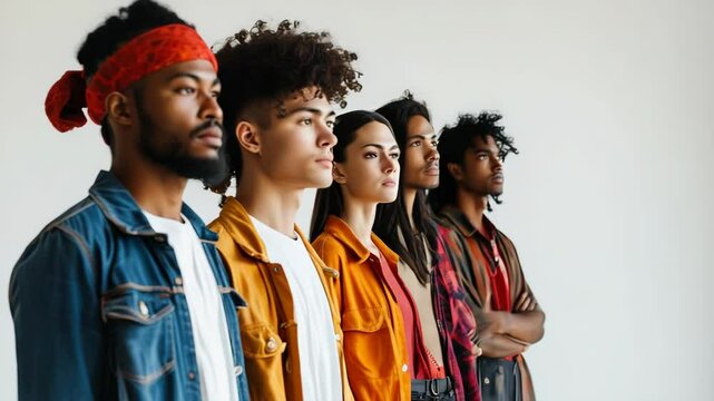 A diverse group of young adults in trendy fashion poses.