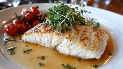 A fine-dining presentation of a poached fish fillet, served with a light butter sauce, microgreens, and a side of roasted cherry tomatoes, set against a gourmet restaurant setting.