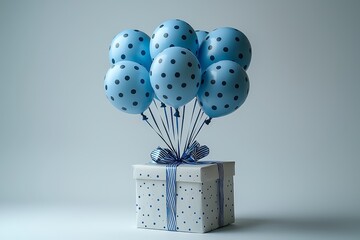 Birthday gift with colorful balloons tied on white background, ultra-realistic festive celebration concept