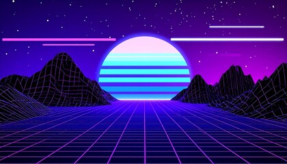 Retro Synthwave Sunset: 80s Digital Landscape