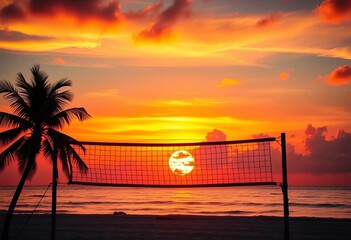 Vibrant sunset over ocean, beach volleyball net, palm trees silhouette, peaceful, fun