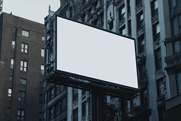 Obraz premium A large blank billboard mounted between two tall, aged city buildings, displaying a clean, white surface against a muted, urban backdrop