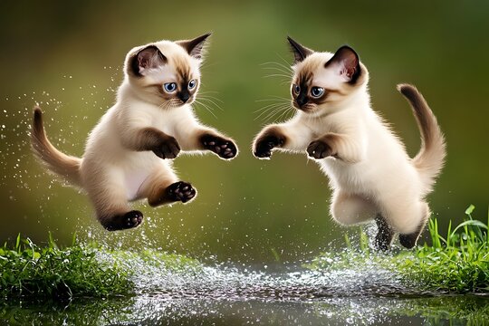 Playful kittens jumping in a splashing pond outdoors animal photography natural setting close-up joyful companionship
