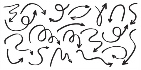 Red pencil arrow doodles set - hand drawn swirls, curved lines, chaotic pointers. Chalk sketches, artistic design elements pack. Grunge style marker scribbles, crayon strokes outline drawings.