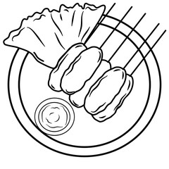 Line Art Illustration of Grilled Meat Skewers with Garnish
