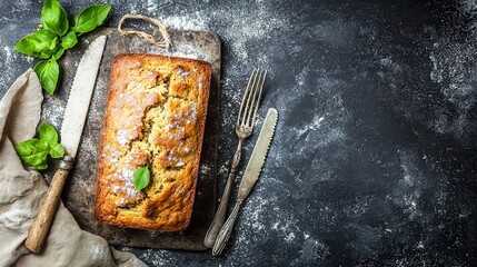 Homemade Loaf Cake on Dark Background with Herbs