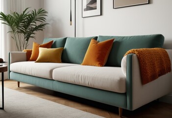 The sofa living room has orange and white pillows