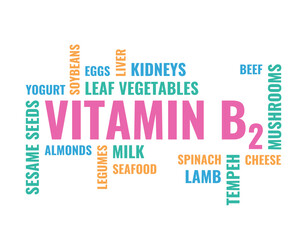 vitamin b2 riboflavin, many different food names cloud, healthy eating vector concept