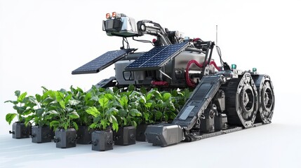 Grey and Dark Robotic Agricultural Machine Tending Green Plants on White Background