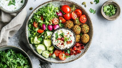 Vibrant Veggie Bowl with Falafel and Creamy Dip