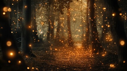 Naklejka premium Enchanted forest path illuminated by mystical floating lights