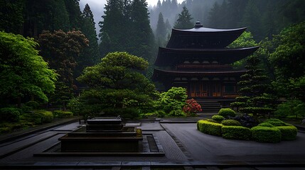 Misty Japanese temple garden