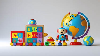 Obraz premium Vibrant, colorful toys of different shapes and sizes, including a globe, a train and robot arranged. perfectly for visual learning and play.