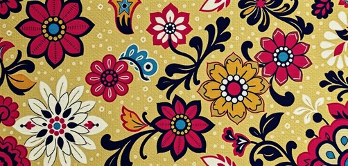 Intricate patchwork floral design blending ikat and damask styles; handcrafted motifs on a textile background, floral, beautiful