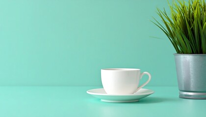 Obraz premium Serene Morning Coffee Break: A Minimalist Teal Setting