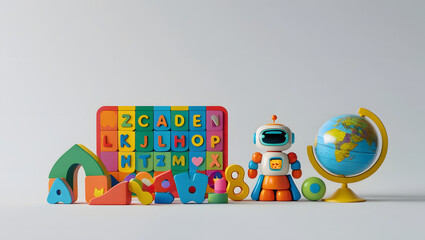 A colorful arrangement of educational toys, fostering a playful learning environment. with a robot, letters, numbers, and a globe, sparking curiosity and imagination.